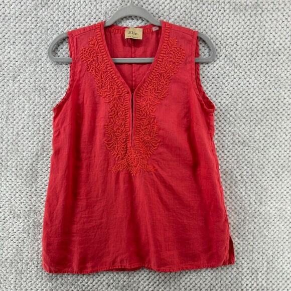 Eli Tahari Top Womens S Orange Linen Tank V-Neck Embroidered Boho Beach Resort - Picture 1 of 12